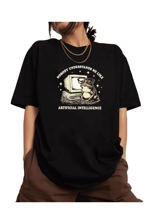 Nerd Frog AI Black S-5XL Cotton Retro Geek Graphic T-shirt Unisex Hangout Tops