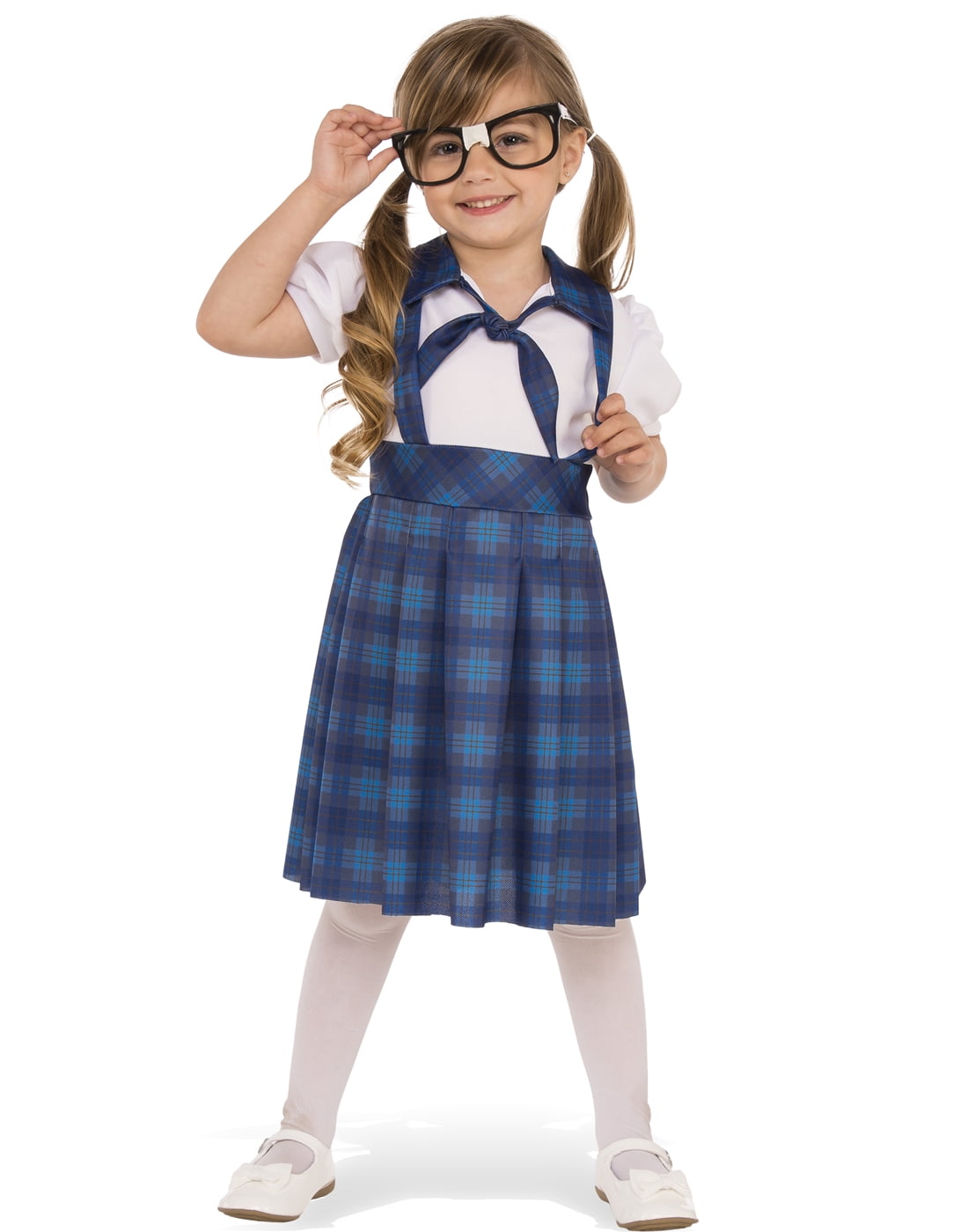 Nerd School Girl Child Geeky Genius Blue Plaid Uniform Halloween Costume-Xs