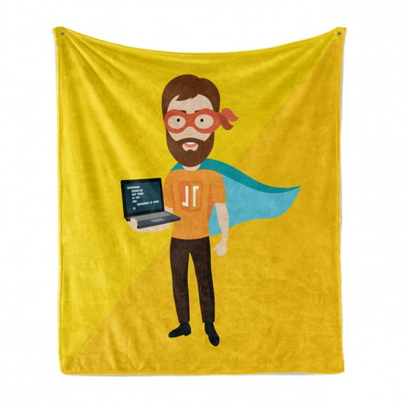 Nerd Soft Flannel Fleece Blanket, Man Wears a Cape Superhero Holding a Laptop Futuristic Geeky Design, Cozy Plush for Indoor and Outdoor Use, 60" x 80", Earth Yellow and Multicolor, by Ambesonne