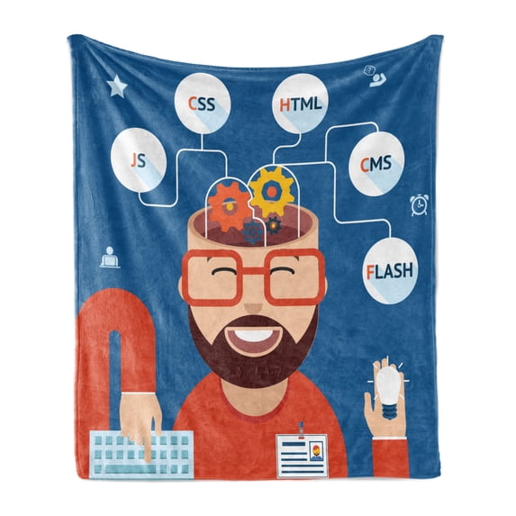 Nerd Soft Flannel Fleece Throw Blanket, Happy Web Developer with His Brain Open Coding Computers Concept Geek, Cozy Plush for Indoor and Outdoor Use, 60" x 80", Sea Blue and Multicolor, by Ambesonne