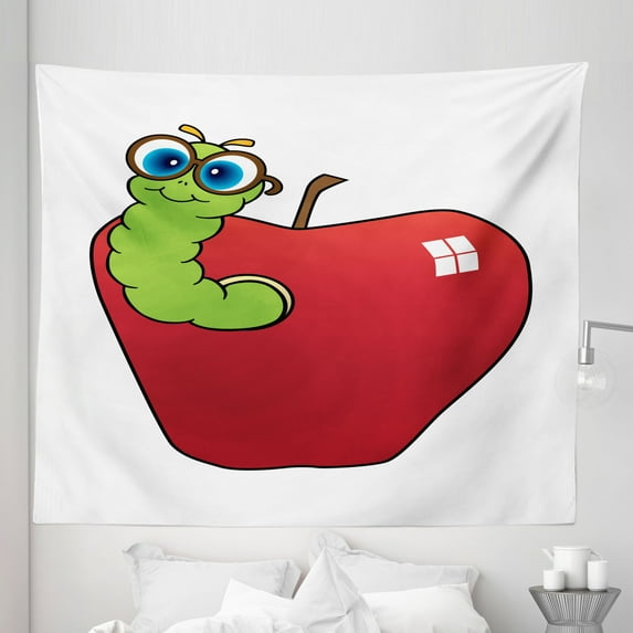 Nerd Tapestry, Funny Cartoon Intelligent Worm with Glasses Apple Colorful Illustration, Fabric Wall Hanging Decor for Bedroom Living Room Dorm, 5 Sizes, Dark Pink and Lime Green, by Ambesonne