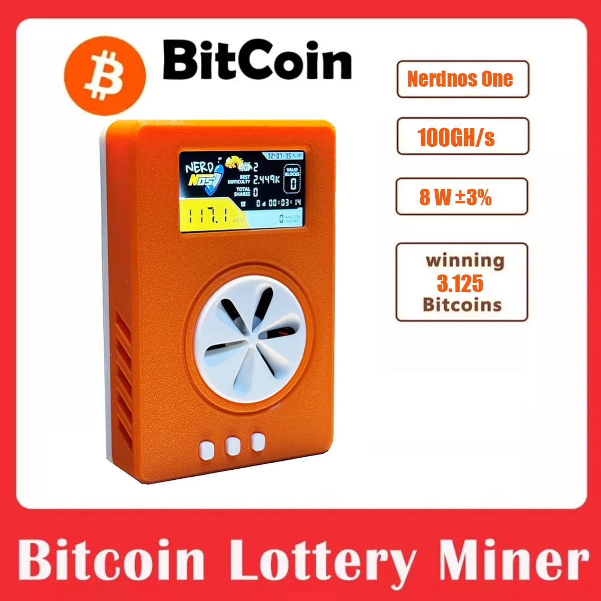 NerdMiner 200GH/s 8W Bitcoin Asic Miner Nerdnos One Win 3.125 BTC Solo  Lottery Miner with Low Power Consumption WiFi Connection with USB-C Cable -  Walmart.com