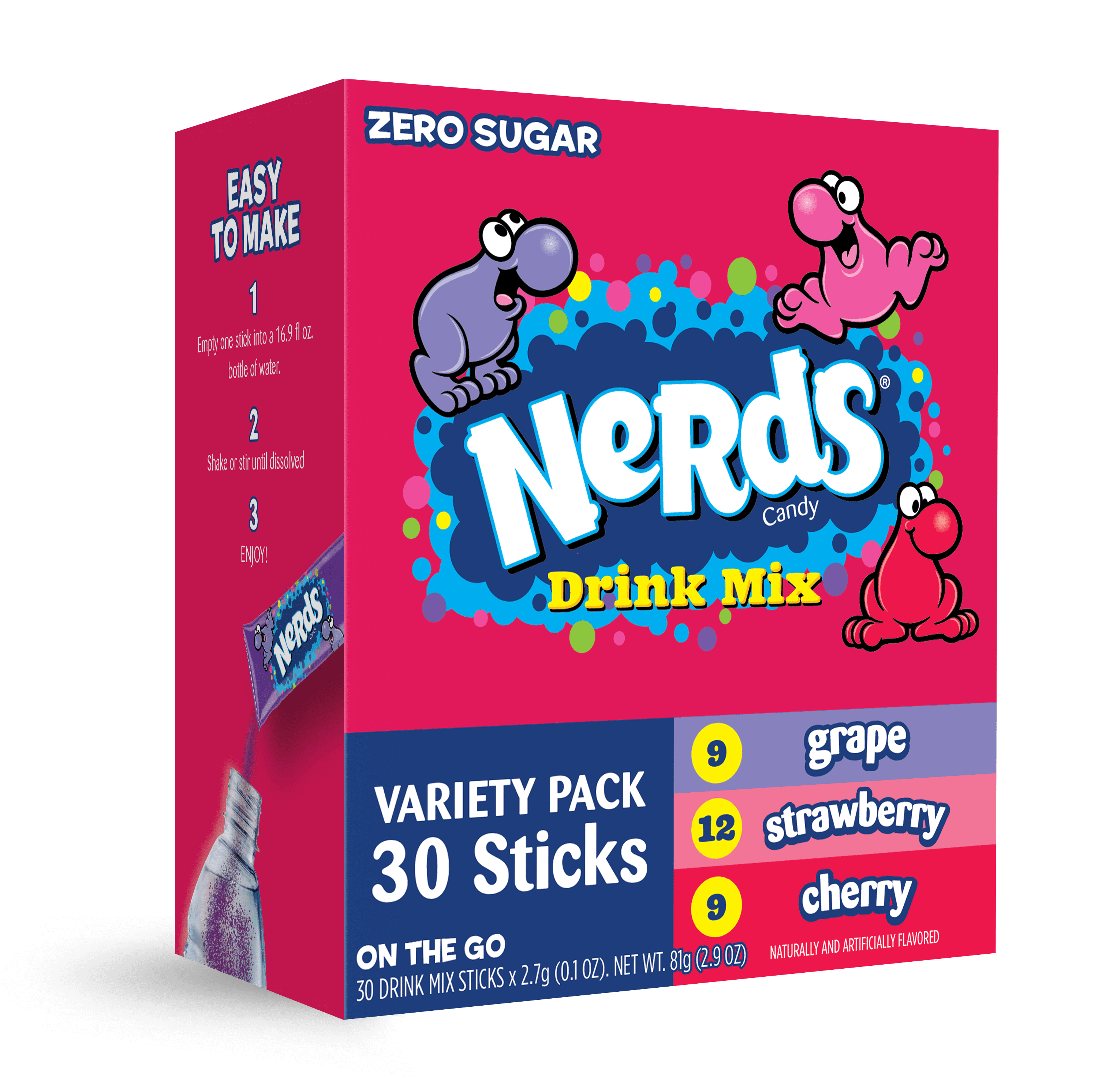 Nerds, 30ct Powdered Drink Mix Variety Pack, Sugar Free, on the go Packets,  Grape Cherry and Strawberry Flavors, Suagr Free