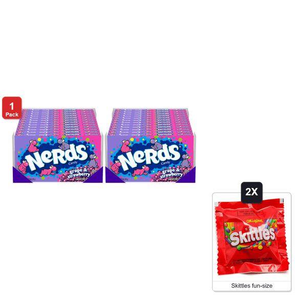 Nerds Candy, Grape and Strawberry Flavor, Movie Theater Candy Boxes, 24 Boxes x 5 oz Each, with 2 Skittles Fun Size
