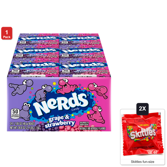 Nerds Candy, Grape and Strawberry, Treat-Size Theater Candy Boxes, 24 Boxes x 1.65 oz Each, with 2 Skittles Fun Size