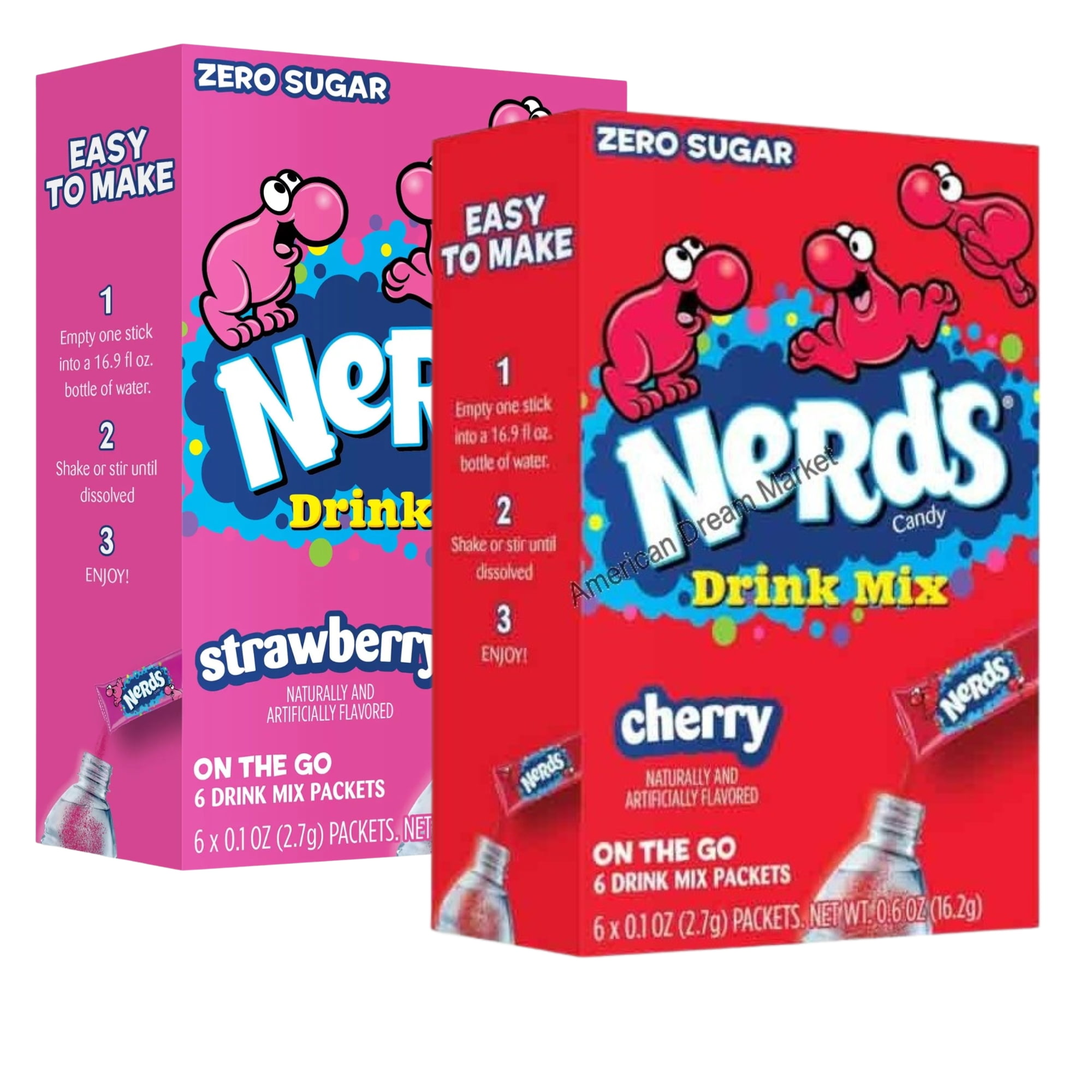 Nerds On the Go Drink Mix 1 Cherry and 1 Strawberry Flavor No Sugar Low-Calorie Refreshing Powder Water Enhancer for Home Lunch Snacks Office Summer Indoor Outdoor Drinks 6 Sticks per Box Pack of 2