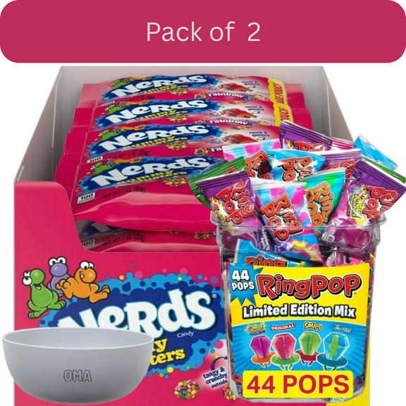 Nerds Gummy Clusters Candy, 3 oz., 12 pk. & Ring Pop Variety Pack, 44 ct. with bowl by OMA