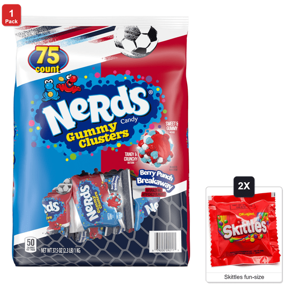 Nerds Gummy Clusters Candy, Berry Punch Breakaway, Gummy Candy, 37.5 oz, 75 Count, with 2 Skittles Fun Size