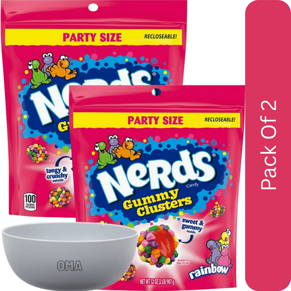Nerds Gummy Clusters Party Size, 32 oz-2pk, With Olive White Bowl By OMA