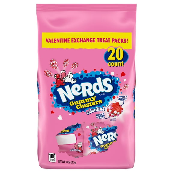NERDS Valentine's Gummy Clusters, Classroom Exchange Pouches, 10 oz, 20 Count