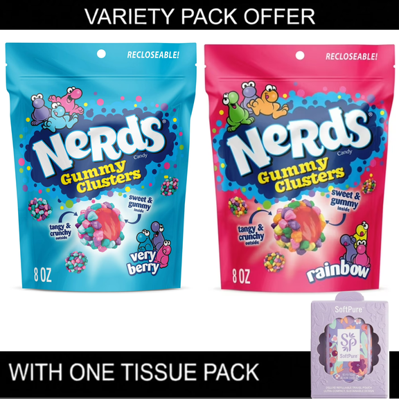 Nerds Gummy Clusters Very Berry and Rainbow Variety Pack with Tissue Pack, 2 Bags, 8 oz Each