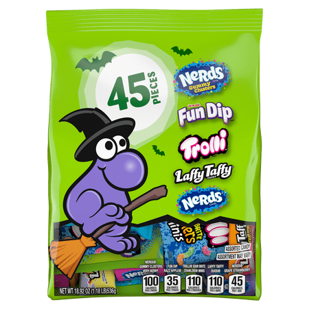 Halloween Variety Seekers, Halloween Candy, Variety Bag, Nerds Gummy Clusters, Fun Dip, Trolli, Laffy Taffy and More, 45 Count, 18.92 Ounces