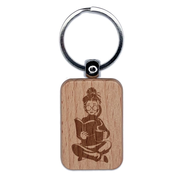Nerdy Glasses Girl Reading Book Coffee Tea Rectangle Keychain Charm Tag - Engraved Wood