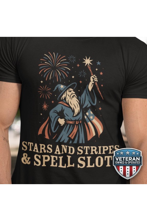 Nerdy Wizard Patriotic T Shirt Funny Stars and Stripes Dungeons and Dragons Tee Retro Dung
