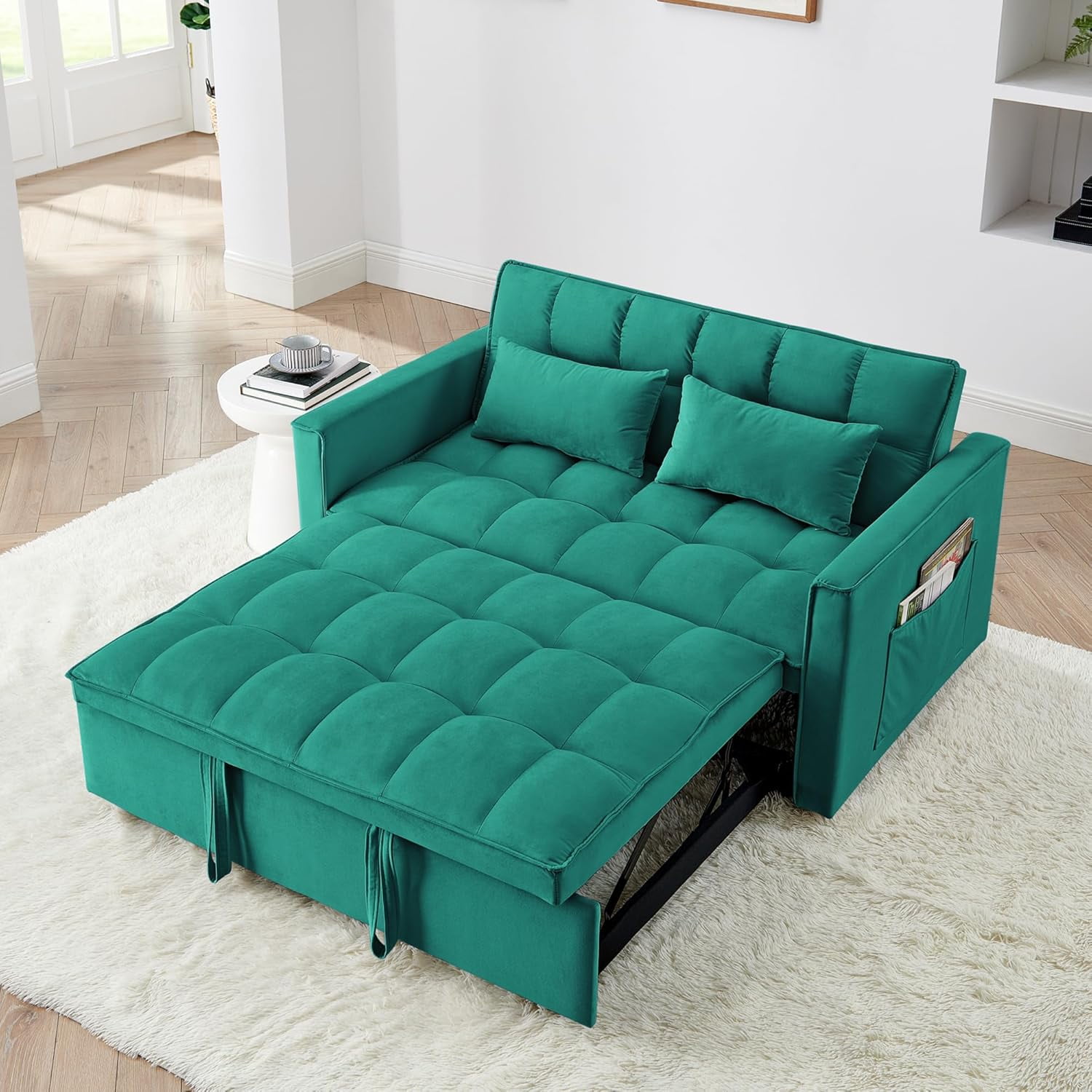 3-in-1 Convertible Sleeper Chair Bed - Lychee Velvet Recliner Daybed With Cup Holders For Living Room & Bedroom