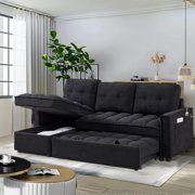 Neretva 78.75" Sleeper Sofa,Chenille Reclining Sofa, Pull Out Bed with Side Pocket and Charging Station,Sectional Sleeper Sofa with Storage Chaise, L-Shaped Sofa Couch Bed for Living Room, Black