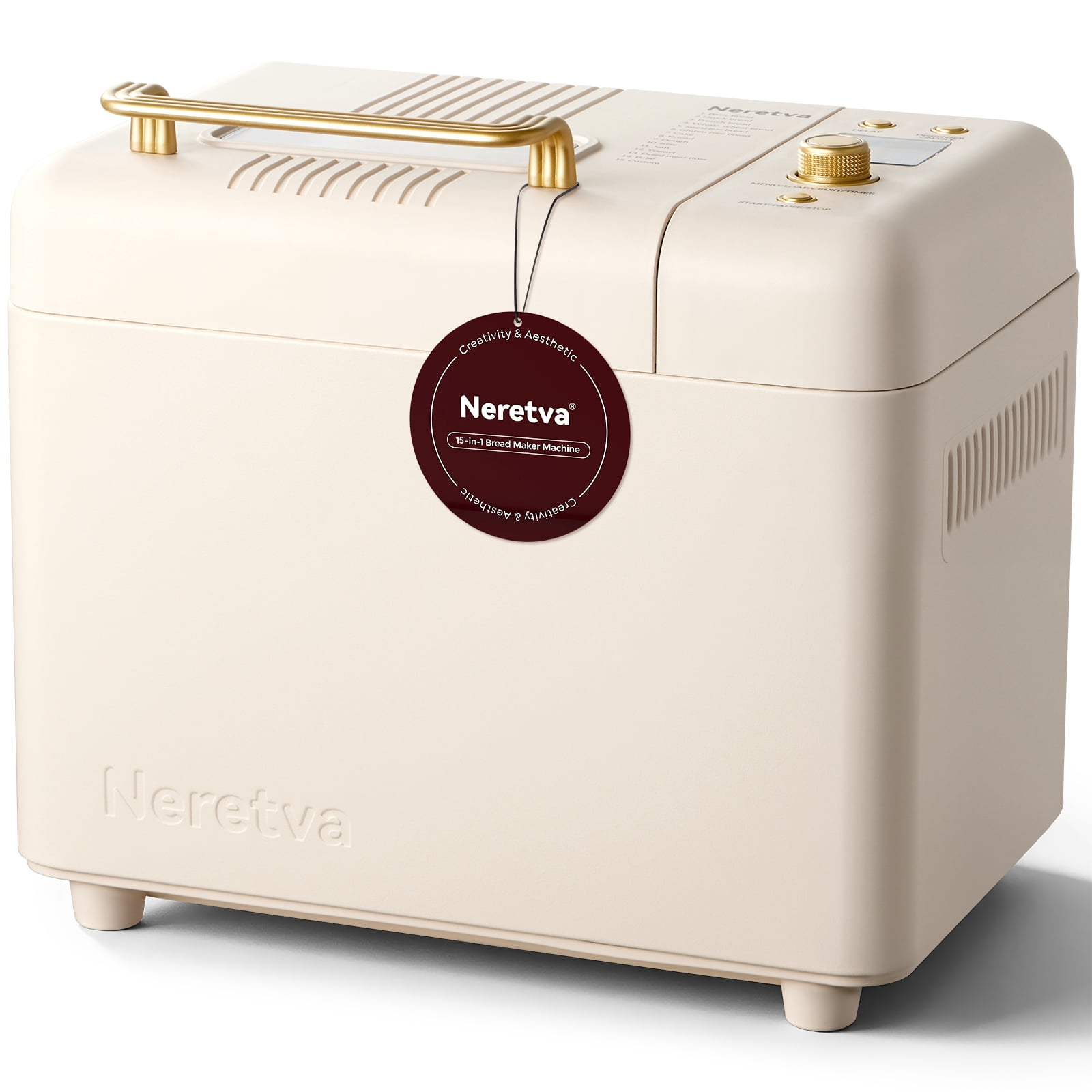 Neretva 2.2LB 15-in-1 Bread Machine with Dual Heater and Auto Nut Dispenser, Nonstick Ceramic Pan Bread Maker Machine, Low Noise Breadmaker, 15H Timer & 1H Keep Warm for Gluten Free/Sourdough/Yogurt