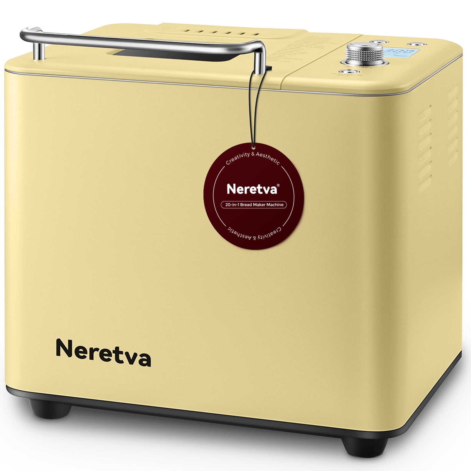 Neretva Bread Maker, 20-in-1 Automatic Bread Machine with Dual Heaters, 2LB Ceramic Pan, Stainless Steel, Yellow
