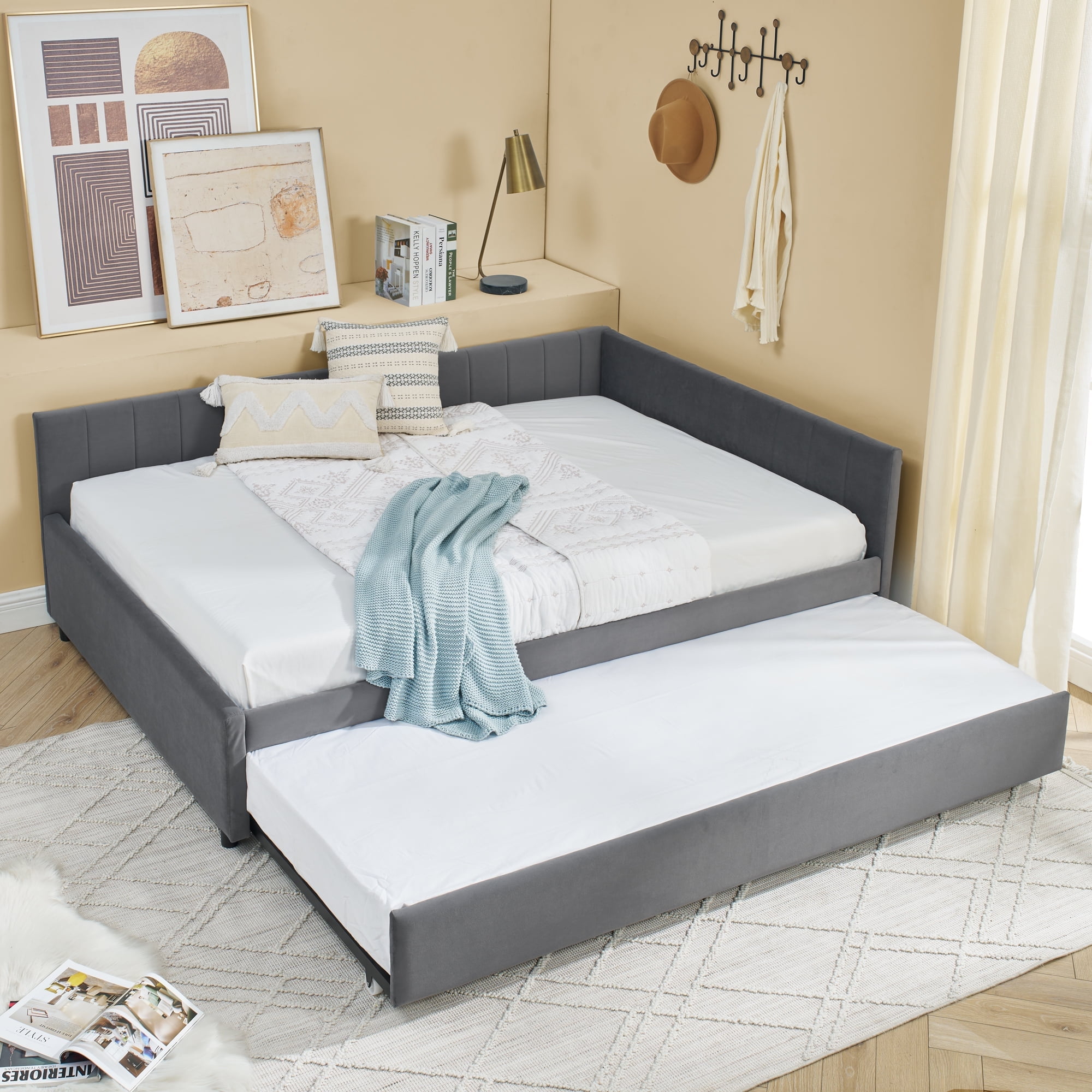 Grey Velvet Upholstered Full Daybed with Trundle and Storage