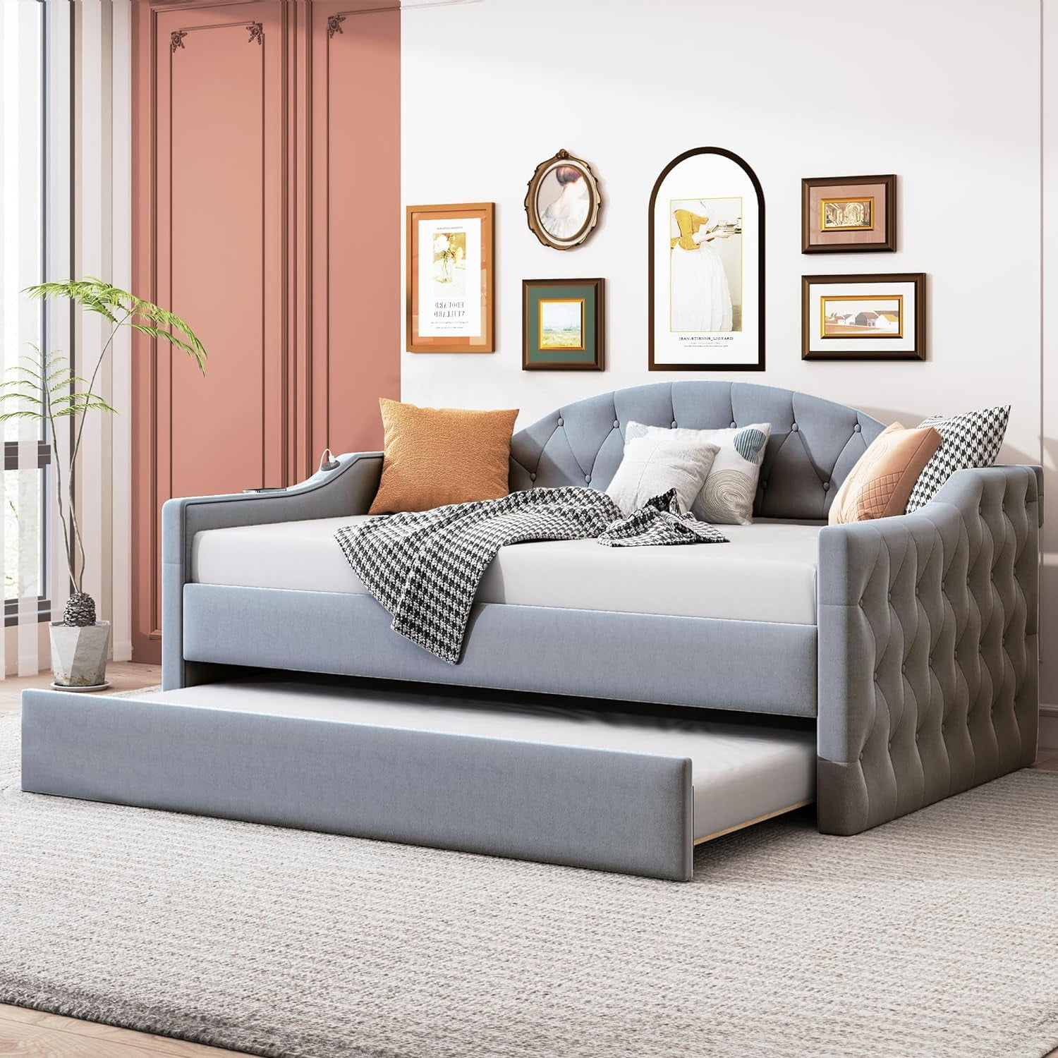 Gray Twin Size Velvet Upholstered Daybed with Trundle and USB Ports