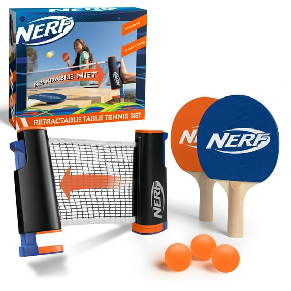 Nerf 7-Piece Retractable Tabletop Tennis Game Set, Play Almost Anywhere with Expandable Net, 2 Paddles and 3 Balls, Includes Convenient Portable Drawstring Bag