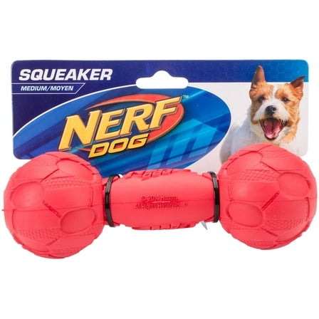 Nerf Dog Rubber Bash Squeak Barbell, Red, 7 inch