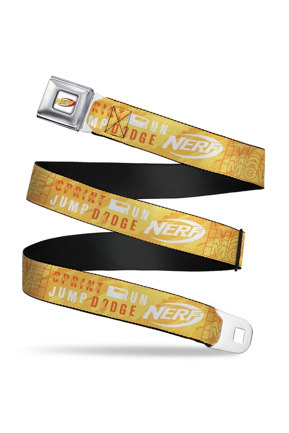 Nerf Belt, Seatbelt Buckle Belt, Nerf Action Verbiage Collage Yellows Orange White, 30 to 44 Inches