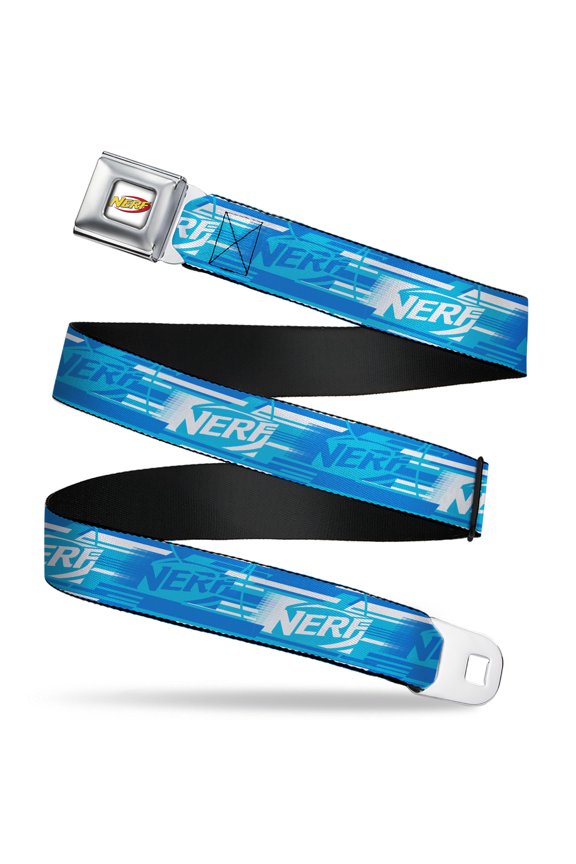 Nerf Belt, Seatbelt Buckle Belt, Nerf Logo Streaks Blues White, 30 to 44 Inches