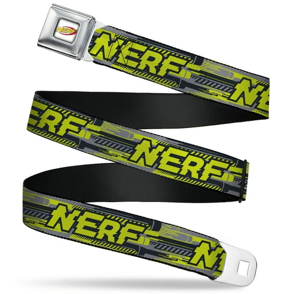 Nerf Belt, Seatbelt Buckle Belt, Nerf Text Glitch Logo Gray Yellow Black, 30 to 44 Inches