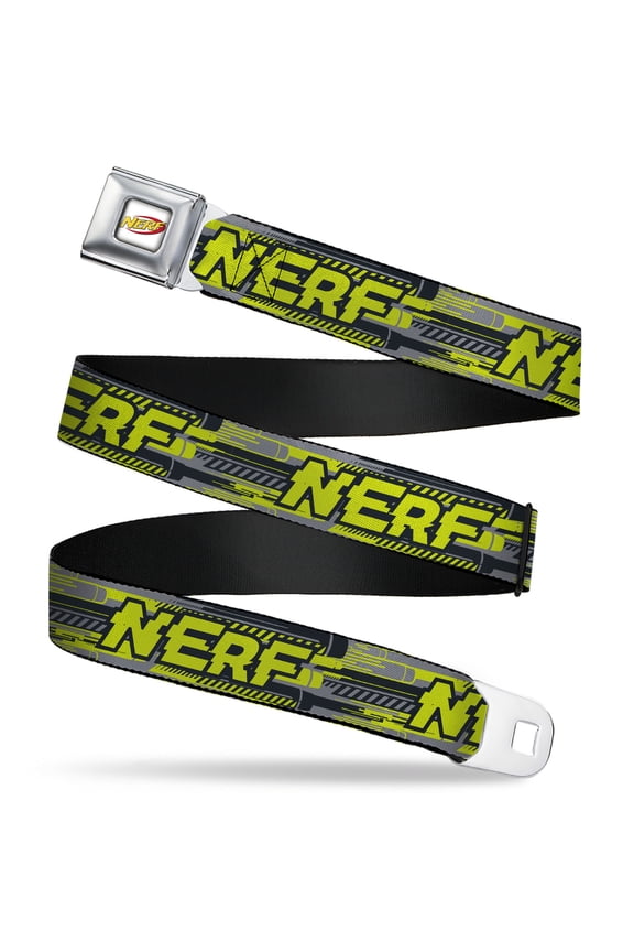 Nerf Belt, Seatbelt Buckle Belt, Nerf Text Glitch Logo Gray Yellow Black, 34 to 52 Inches