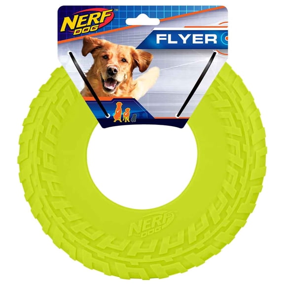 Nerf Dog Green Tire Flyer Dog Toy - Durable TPR, Lightweight, Floating Frisbee Flyer, 10 inch