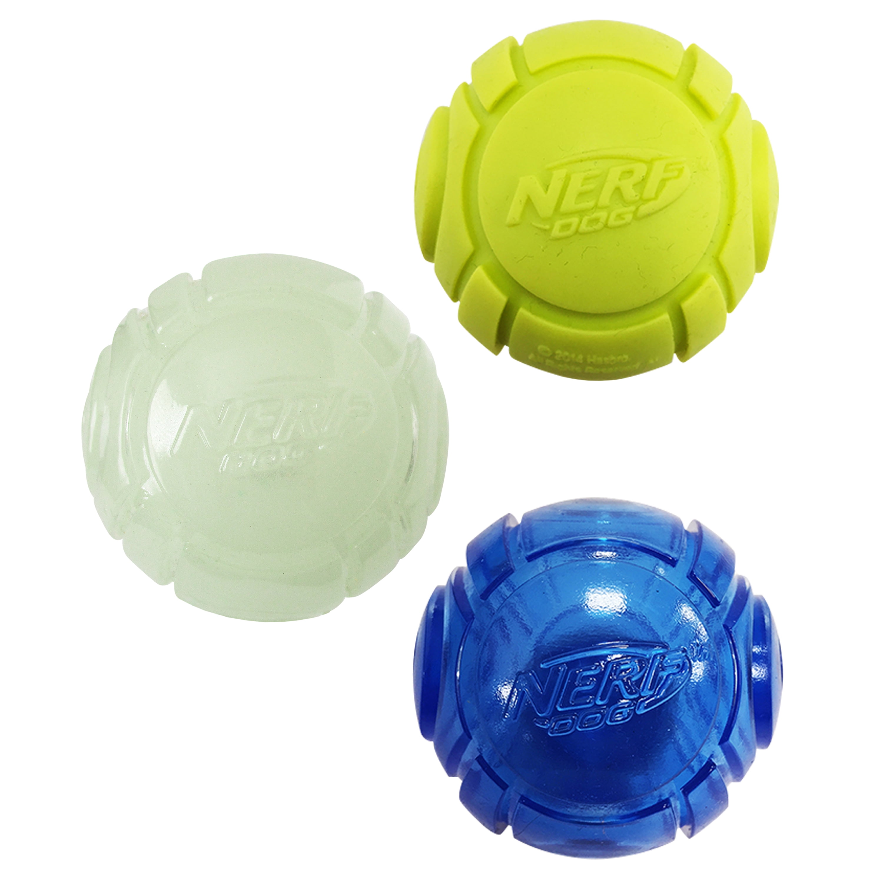 Nerf Dog Launcher Ball 3-Pack with 1 Solid Tuff, 1 Glow Ball & 1 LED Ball, 2.5 inch
