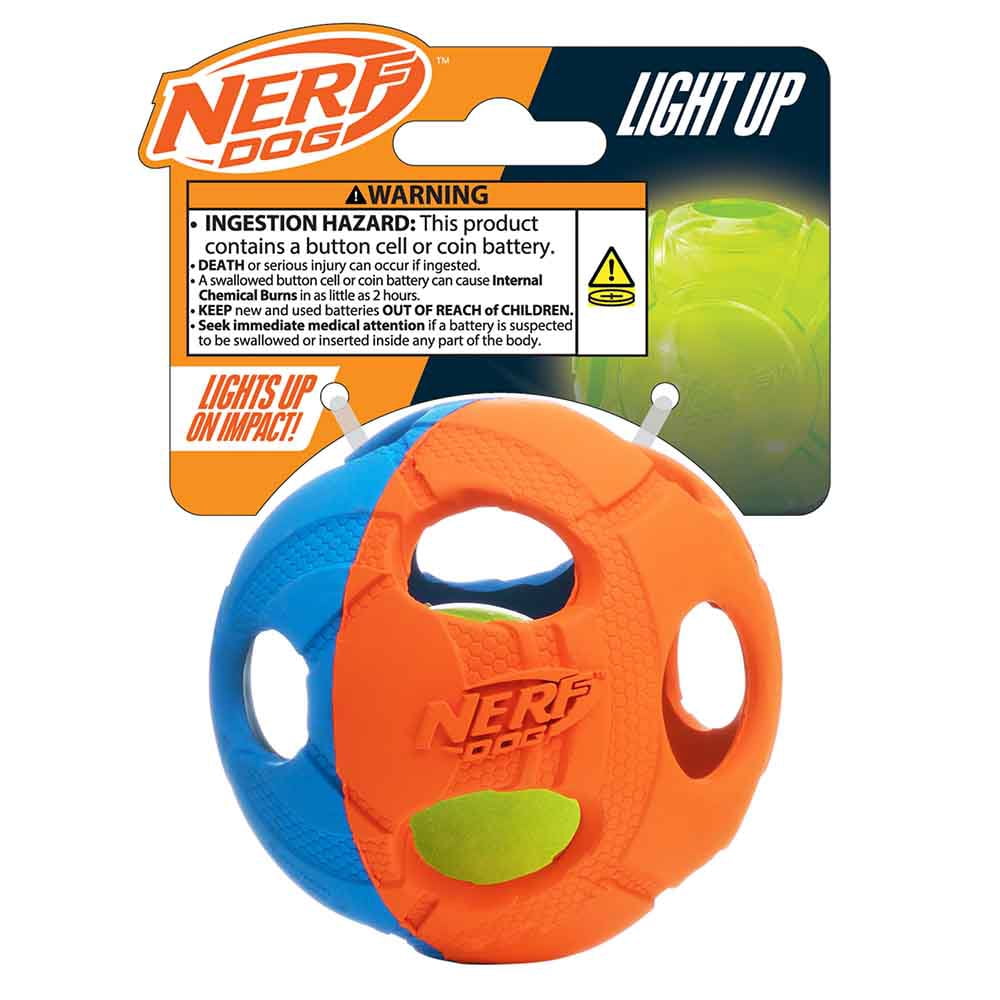 Nerf Dog LED Light Up Squeak Bash Ball Dog Toy, Blue/Orange, 3.5 inch