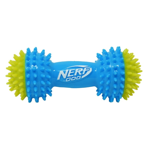 Nerf Dog TPR Squeak Spike Barbell Chew Toy for Dogs, Green/Blue, 7 inch