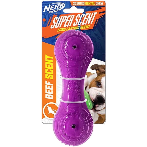 Nerf Dog 7in TPR/PP Scented Beef SuperScent Barbell Solid Core -Clear/Purple, Small (NF-7131)