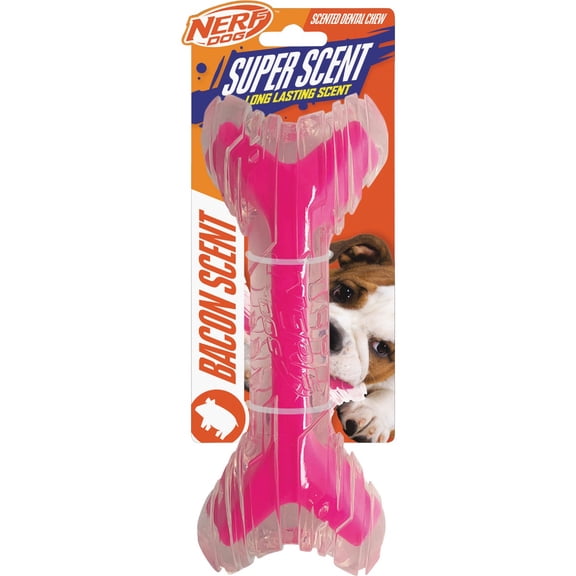 Nerf Dog 9in TPR/PP Scented Bacon SuperScent Bone Solid Core -Clear/Pink, NF-7132