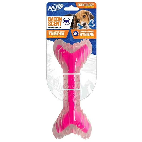 Nerf Dog 9in TPR/PP Scented Bacon SuperScent Bone Solid Core -Clear/Pink, NF-7132