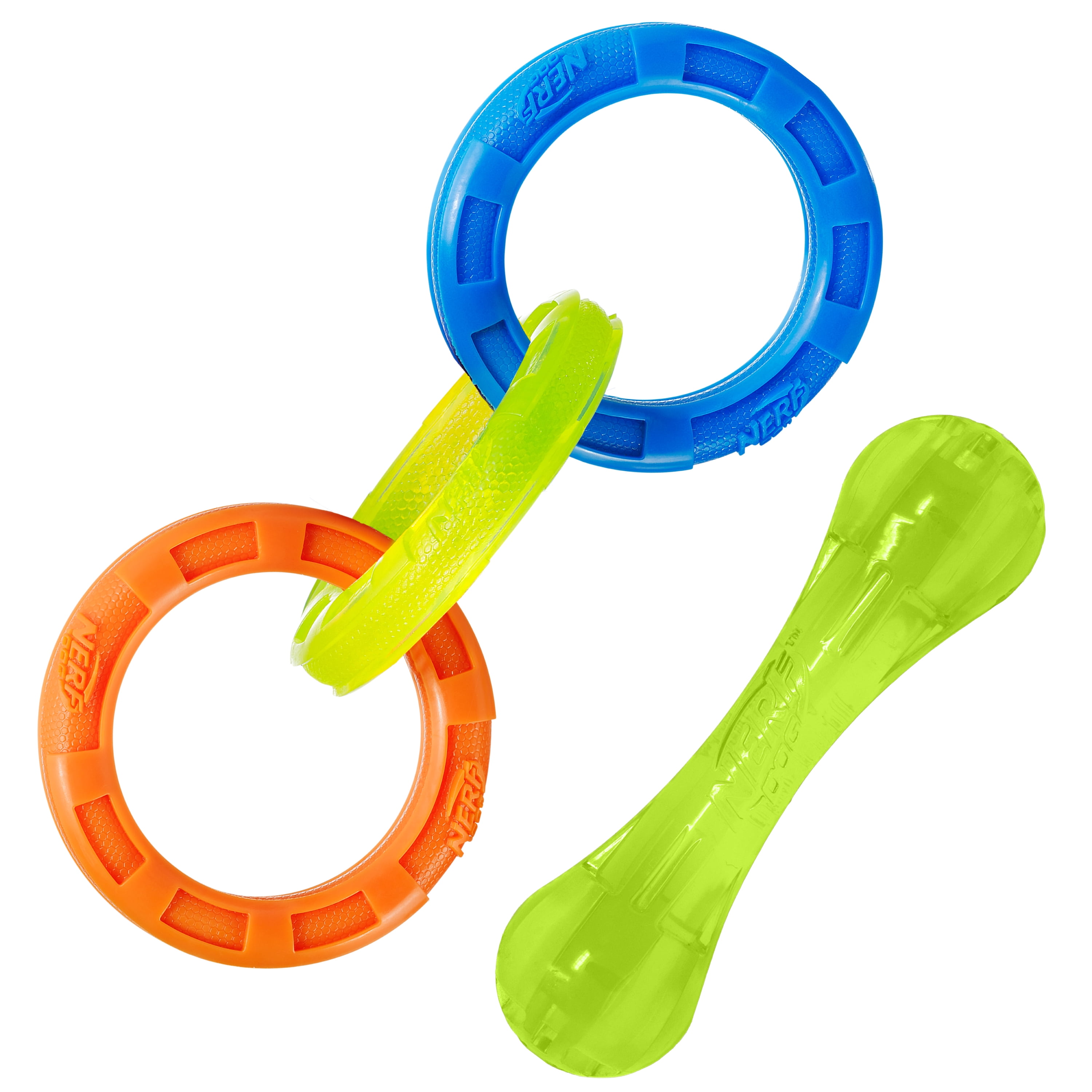 Nerf Dog Chew Tug Toys Pack, Chew Stick and 3-Ring Tug Toy
