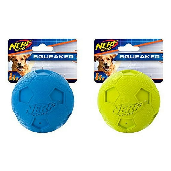 Nerf Dog Soccer Ball Dog Toy with Interactive Squeaker, Lightweight, Durable and Water Resistant, Smaller Diameter for Small/Medium/Large Breeds, Two Pack, Green and Blue
