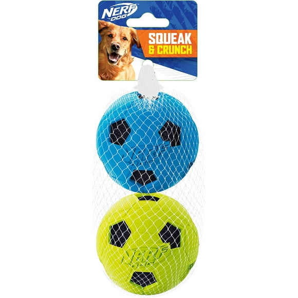Nerf Dog Soccer Ball Dog Toy with Interactive Crunch, Lightweight, Durable and Water Resistant, 3 Inches, For Small/Medium/Large Breeds, Two Pack, Blue and Green