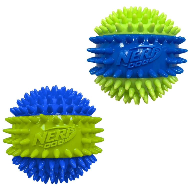 Nerf Dog Squeak Dental Spike Ball, Blue/Green, 3.7 inch, 2 Pack