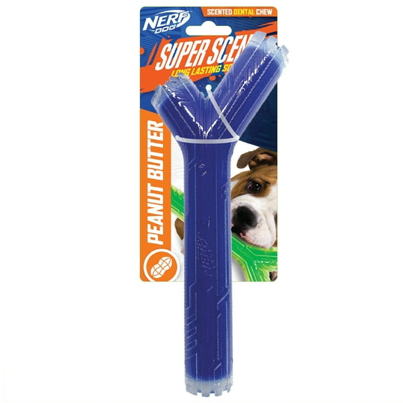 Nerf Dog Super Scent Peanut Butter Scented Stick Solid Core Clear Blue Dog Toy, 10 inch