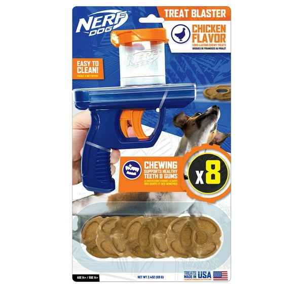 Nerf Dog Toys Treat Blaster Fetch Dog Toy with 8 Chicken-Flavored Discs