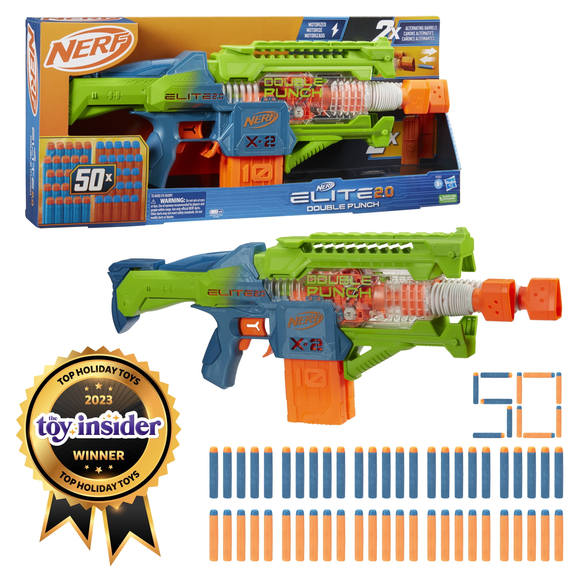 Nerf Elite 2.0, Double Punch Motorised Blaster, Fast Alternative Guns, 50  Nerf Elite Darts, 2 Chargers 10 Darts, From 8 Years