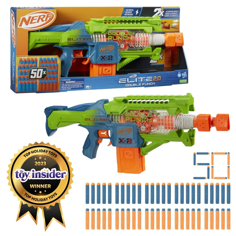 Nerf Elite 2.0 Double Punch Motorized Blaster, 50 Nerf Elite Darts, 2x  10-Dart Clips