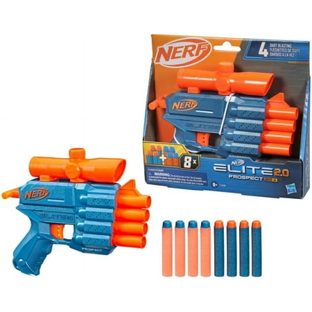 Nerf Elite 2.0 Prospect QS-4 with 8 Official Darts, 4 Darts in a Row, With Target Scope, Pull Back Priming
