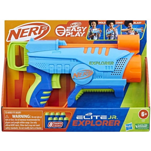 Nerf Elite Junior Explorer Easy-Play Toy Blaster, Easy Hold & Load & Blast, 8 Nerf Elite Darts