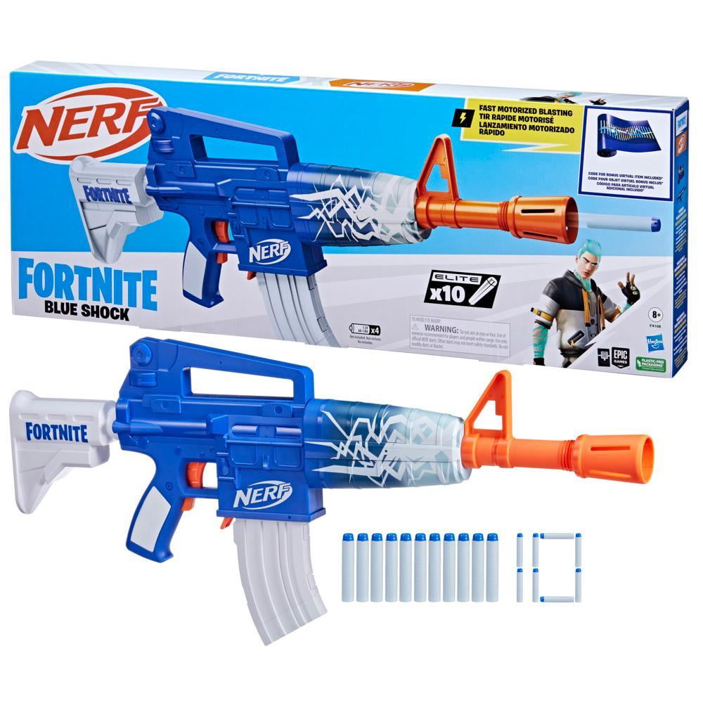 Nerf Fortnite Blue Shock Dart Blaster, 10 Dart Clip, 10 Elite Nerf Darts, Unlock Code