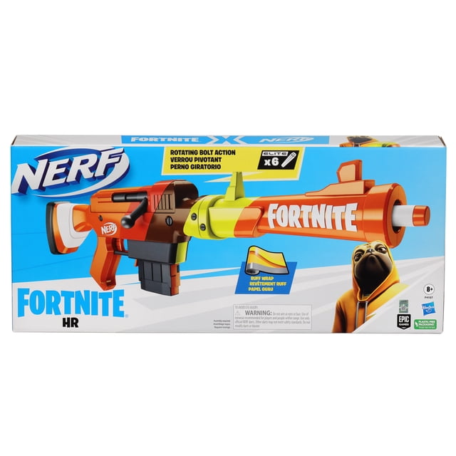 Nerf Fortnite HR Dart Blaster, Ruff Wrap Design, 6-Dart Elite Clip, 6 Nerf Elite Darts, Rotating Bolt, Detachable Barrel