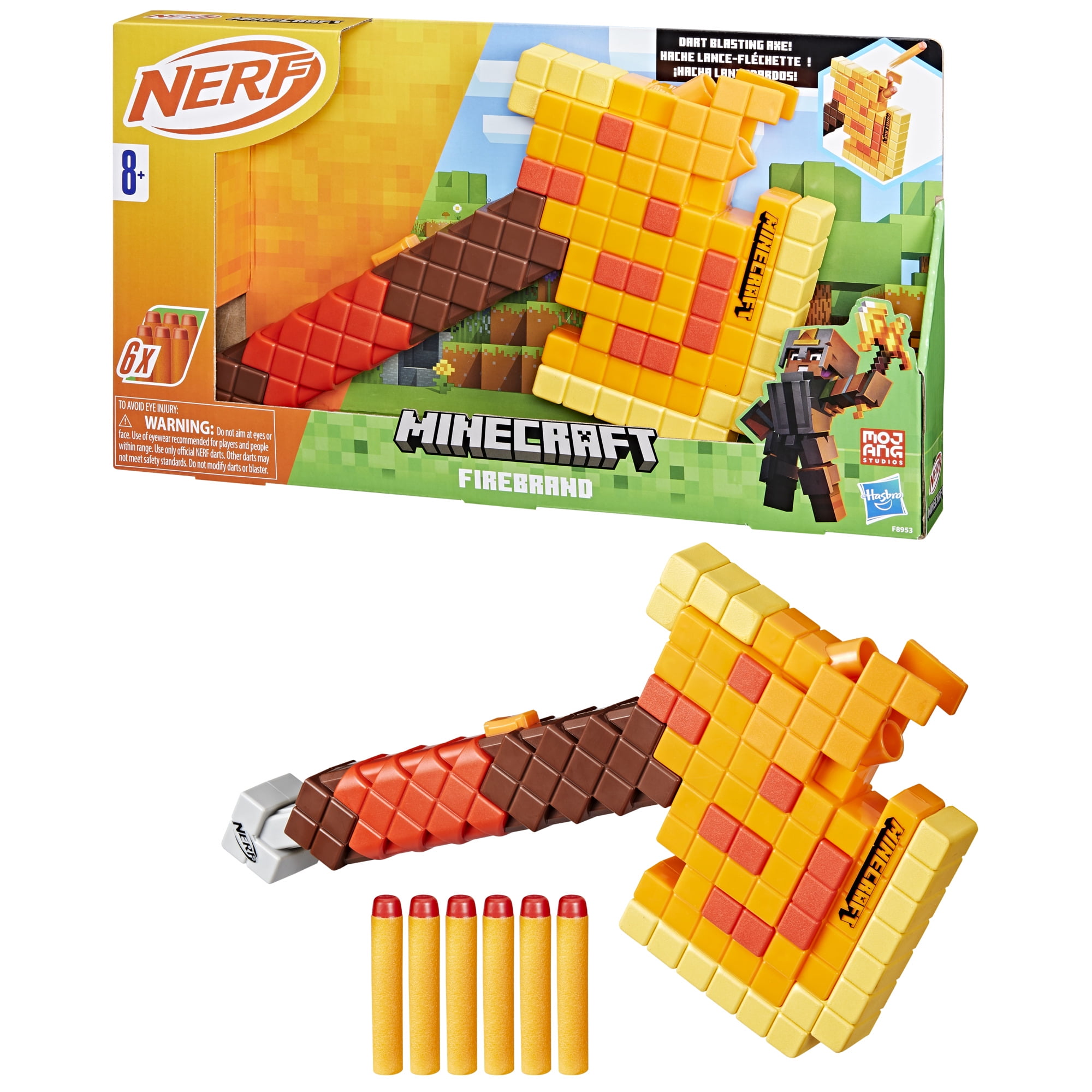 Nerf Minecraft Firebrand, Dart Blasting Axe, 6 Nerf Elite Foam Darts, Ages 8 & Up
